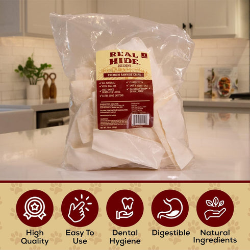 All Natural Dog Chew Treats, Premium Rawhide Chips, 1 Pound, Long Lasting Grass Fed Beef Hide
