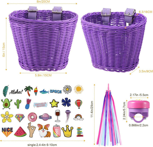 Kid's Bicycle Basket Streamers Set, Wicker Handlebar Basket with Colorful Streamers, Bell, Stickers