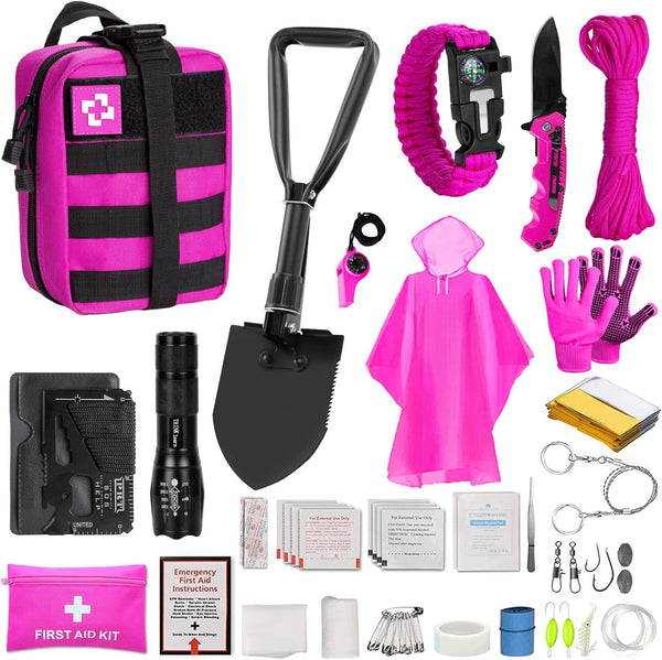 Pink Survival Kits with First Aid Kit, Hiking Camping Gear for Women, Professional Bug Out Bag Set