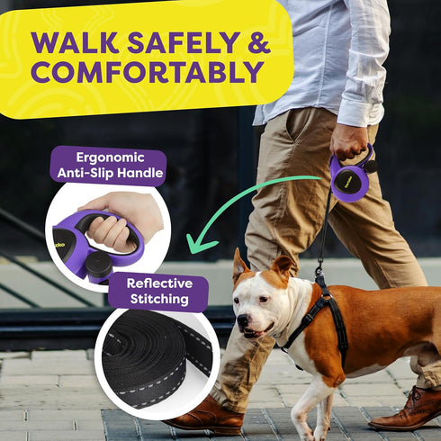 Hertzko Heavy Duty Retractable Dog Leash with Built-in Poop Bag Holder & Water Dispenser - Purple & Black, 16 Ft
