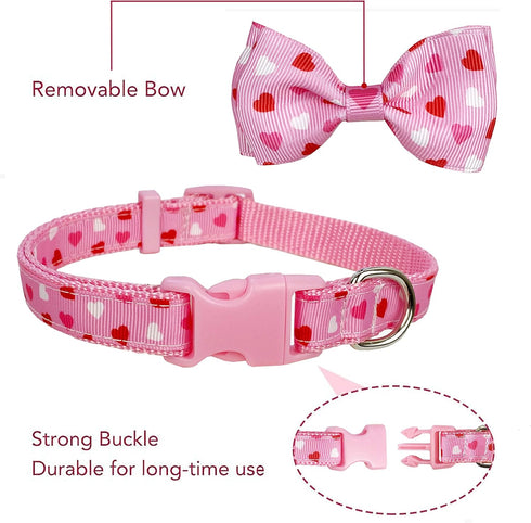 Valentine's Day Dog Collar with Bow Tie, Cute Holiday Collar for Medium Dogs, Boys, Girls, Puppy Pets.