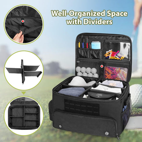 Golf Trunk Organizer Storage - Separate Compartment for 2 Pair Shoes up to US Mens 16, Golf Car Locker for Balls, Tees,