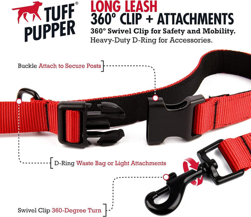 Tuff Pupper Heavy Duty Long Dog Leash, 50 Foot, Buckle Handle, High Visibility Nylon Webbing for Dog Recall Training