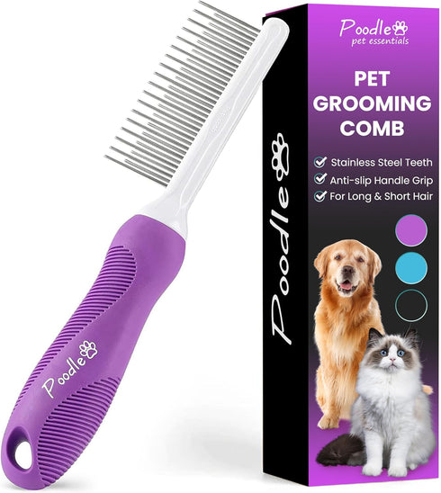 Poodle Pet Detangling Pet Comb - Long & Short Stainless Steel Teeth for Safe & Gentle Grooming