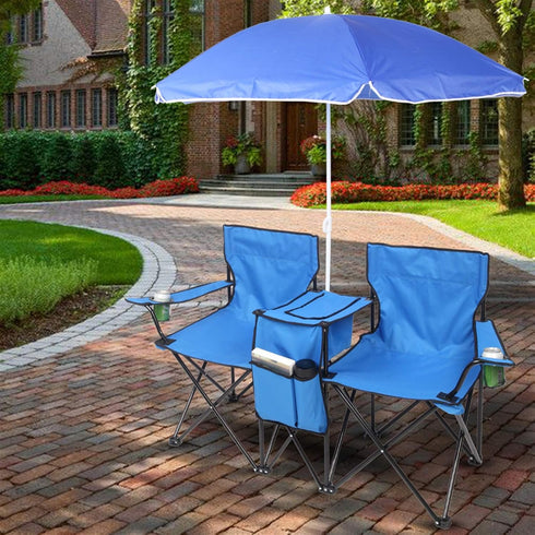 Generic Double Camping Chair with Umbrella, Folding Loveseat Chairs w/Canopy Shade, Carrying Bag, Table, Cup Holder