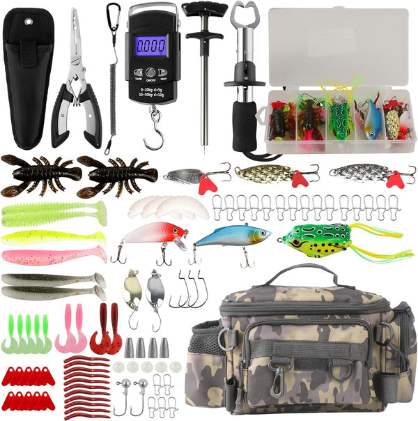 mouhike 113Pcs Fishing Tool Kit, Fishing Bag, Pliers, Gripper, Lures, Tackle Box, Scale Accessories