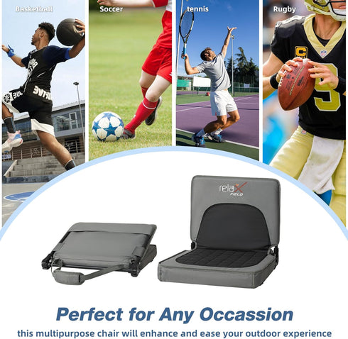 Stadium Seats with Back Support and Cushion, Folding Stadium Chair Includes Shoulder Strap and Cup Holder, Portable