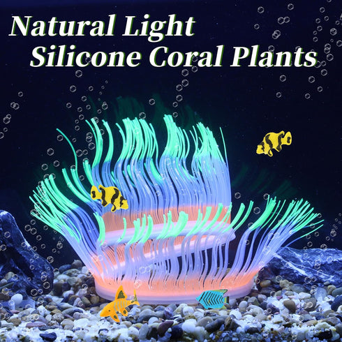 Silicone Glowing Aquarium Decorations, Fluorescence Coral and Sea Anemone Decor Set in Purple, Pink, Green