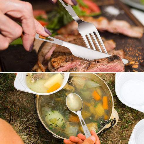OUTXE Titanium Flatware Set - Polished Knife Fork Spoon Lightweight Camping Utility Cutlery with Bag