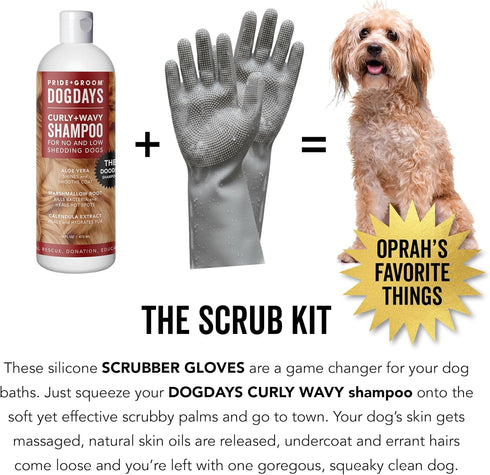 Pride and Groom DogDays Curly + Wavy The Scrub Kit - Natural Dog Shampoo with Silicone Scrubber Gloves for Low