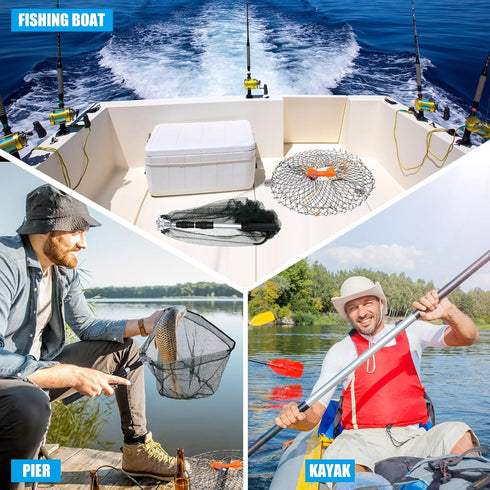 Poen 24'' 20'' 12'' Wire Grid Bottom Crab Nets Two Ring Crab Kit with Harness and Bait Clip x x Foldable Fishing Net