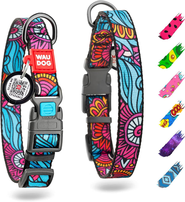 WAUDOG Nylon Dog Collar - Adjustable for Large, Small & Medium Dogs, Breakaway Puppy Collars with QR Dog Tag