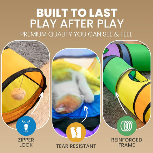 5-Way Genius Cat Tunnels for Indoor Cats - Large Customizable Tunnel Tube System with Hanging Toys, Storage Bag