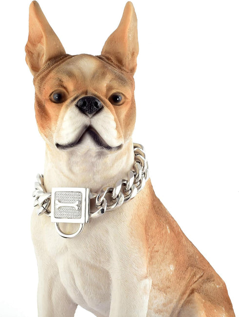 Dog Chain Collar with Cubic Zirconia Locking, High Polished Stainless Steel Cuban Link, 18" for Small Medium Dogs