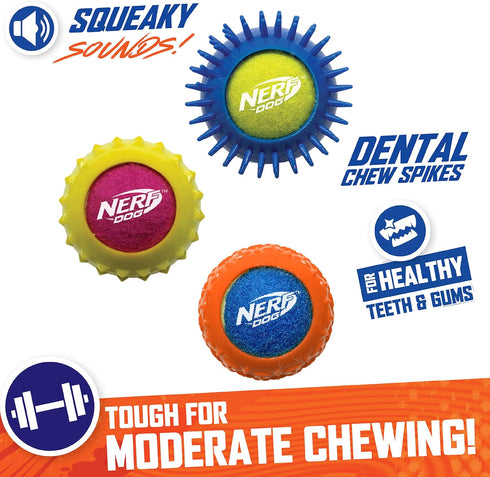 Nerf Dog 2.5in Squeak Armor Tennis Ball Dog Toys 3-Pack - Yellow/Pink, Orange/Blue, Blue/Green