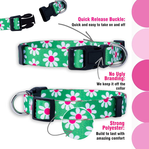 Native Pup Flower Dog Collar, Adjustable Medium, Cute Pink Floral Blue Daisy Rose, Summer Spring Essentials