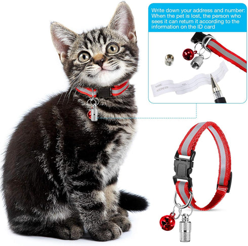 18 Piece Adjustable Reflective Cat Collars with Bell, Durable Nylon Collars with Safety Buckles and 6 Weatherproof ID