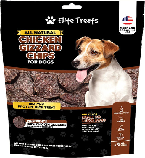 Chicken Gizzard Chips for Dogs, All Natural Training Treats, Made in USA, Healthy for All Breeds (6 oz)