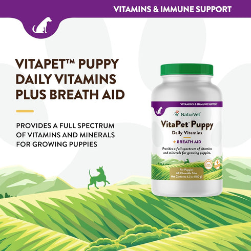 NaturVet VitaPet Puppy Daily Vitamins Plus Breath Aid, 60 ct Time Release Chewable Tablets, Made in USA