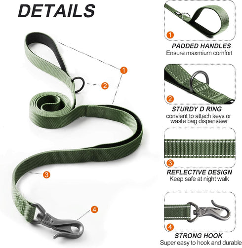 TwoEar 4FT 1IN Strong Green Dog Leash with 2 Padded Handles, Traffic Handle for Extra Control for Small Medium Large