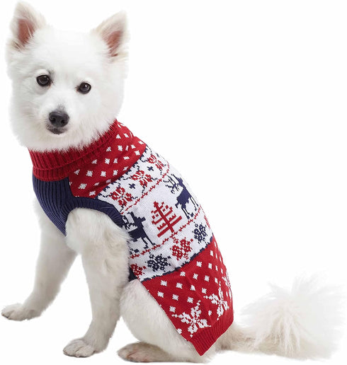 Blueberry Pet Ugly Christmas Reindeer Dog Sweater, Turtleneck Holiday Matching Clothes for Medium Dogs, Tango Red &
