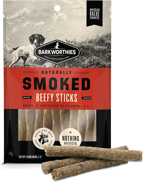 Hickory Smoked Beef Stick Dog Treats 15-Pack by Barkworthies USA - All Natural Smoked Crunchy Treats