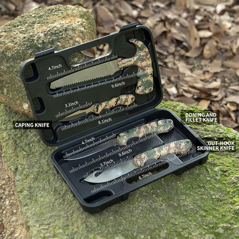 Jellas Hunting Knife Kit, 6 Pieces Stainless Steel Set with Gut Hook, Skinning, Boning, Saw, Gloves & Case