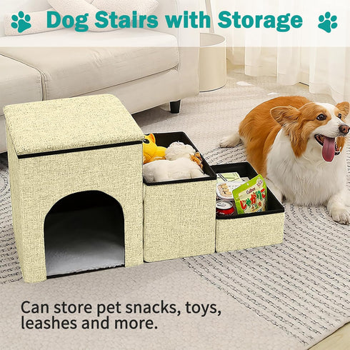 Fhiny 3-Steps Foldable Dog Stairs with Storage, Non-Slip Puppy Steps for High Bed & Couch, Khaki, Holds 160 lbs