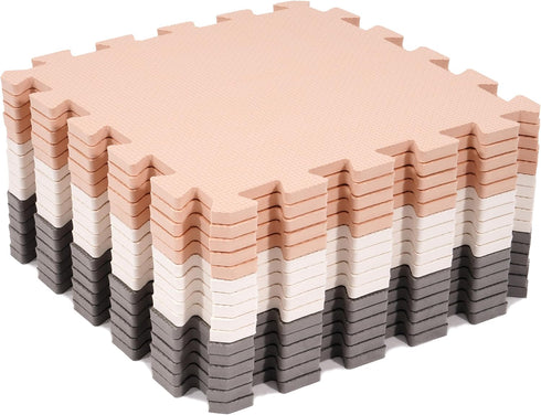 16-Pack 12x12 Inches 0.4-Inch 16 BalanceFrom EVA Interlocking Foam Play Tile Mat, Cream/Gray/Beige Thick Non-Slip