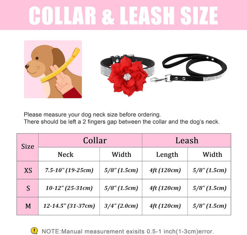 Pet Artist Girl Rhinestone Suede Dog Collar for Small Dogs, Soft Flower Collar, Bling Set, Neck 10-12", Leash 4ft