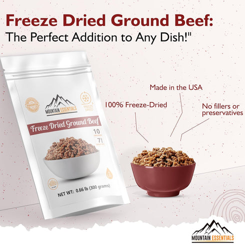 10 7-Year Pack 1 MOUNTAIN ESSENTIALS Freeze-Dried Ground Beef Pre-Cooked and Ready-to-Eat Hamburger Meat | Everyday