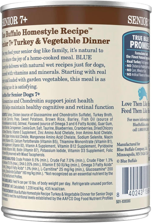 7+ 7+ 12.5 oz. (Pack 12) Blue Buffalo Homestyle Recipe Senior Turkey and Vegetable Dinner Wet Dog Food for Senior Dogs