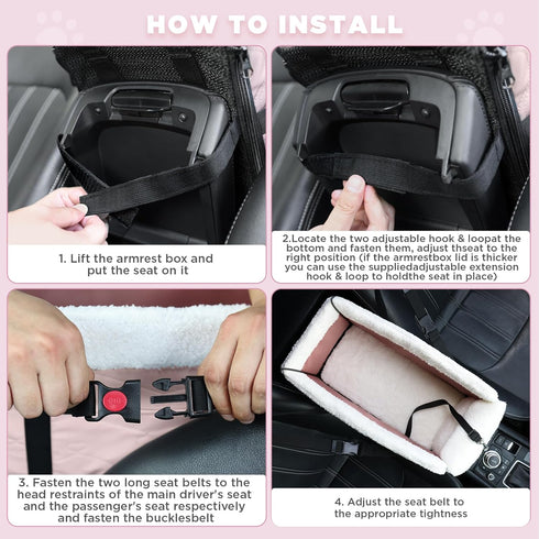 15lbs-Pink Center Console Dog Car Seat for Small Dogs,PU Leather Small Dog Car Booster Seat,Washable Foldable with Safe