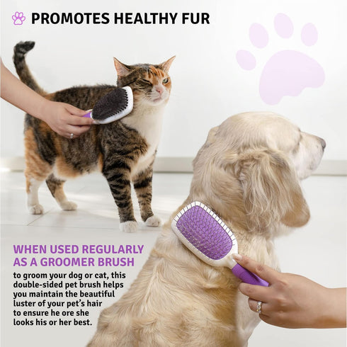 Pet Grooming Brush - Two-Sided Design for Dogs, Cats & Other Animals with Fur Detangling Pins & Coat Smoothing Slicker