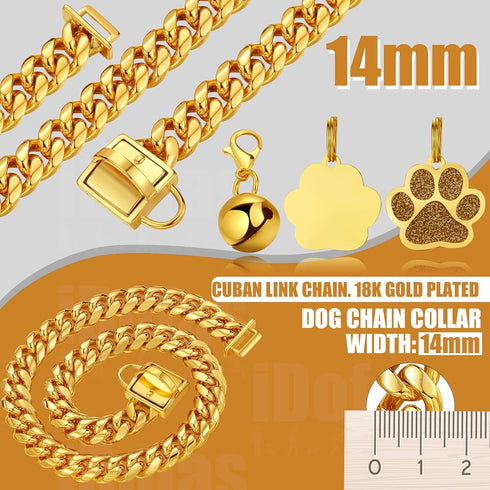 Dog Chain Collars - Gold Chain Dog Collar 14mm Cuban Link with Secure Snap Buckle, 18K Stainless Steel, Includes Dog