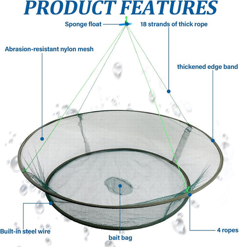 Compact Foldable Crab Fishing Net & Basket for Minnows, Crawfish, and Shrimp