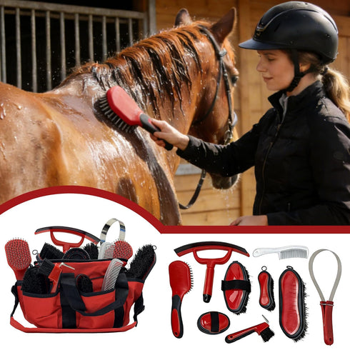 Amouu 9-Piece SteadyRide Pro - Professional Horse Grooming Kit - Stable-Ready Hanging Bag with Ergonomic Pro-Grip