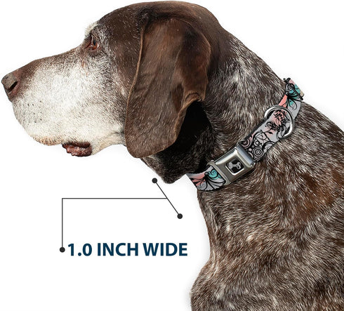 Buckle-Down Seatbelt Buckle Dog Collar - Flowers w/Filigree Pink, 1" Wide, Fits 11-17" Neck