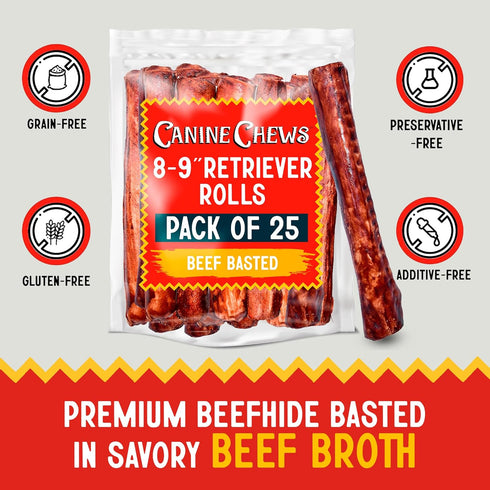 Canine Chews 8-9" Beef Basted Rawhide Bones for Large Dogs (25 Pack) - Hand-Rolled Dog Rawhide Chews