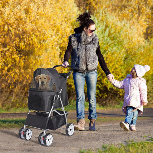 4 ZENY Foldable Pet Stroller, Cat/Dog Stroller with Wheel, Pet Travel Carrier Strolling Cart with Storage Basket, Cup