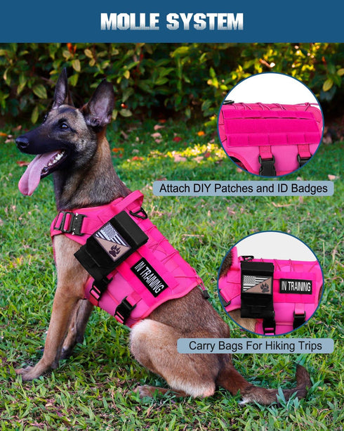 PETNANNY Tactical Dog Harness - Emotional Support Vest for Medium Large Dogs, No Pull, Molle Vest for Training (Pink, L)
