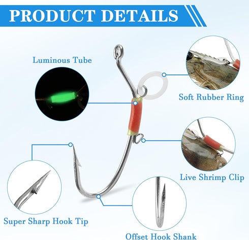 10pcs OROOTL Live Shrimp Hook, Luminous Shrimp Hooks Fishing Saltwater High Carbon Steel Fishing Hooks Barbed Live Bait