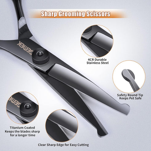 6 1 Dog Grooming Scissors Kit with Safety Round Tips, GEMEK Professional in Grooming Scissors for Dogs, Heavy Duty