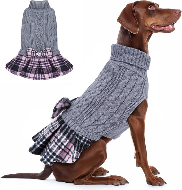 KYEESE Grey 3L Dog Sweater, Thick Knitwear Turtleneck Pet Sweater Dress with Bowtie for Medium Dogs