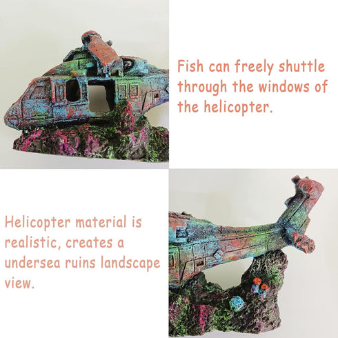 Fish Tank Decoration - Helicopter Ruins Landscaping, Fish Shrimp Shelter, Resin Stone Tank Decoration for Turtle Tanks