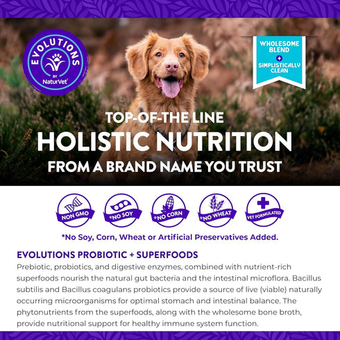 NaturVet Evolutions Probiotic & Superfoods Soft Chews for Dogs, 180ct - Digestive Enzymes, Bone Broth, Omega's