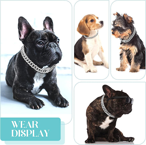 Dog Chain Diamond Collar with Secure Buckle, Metal Chain Jewelry Accessories for Small Medium Large Dogs (Silver, 8