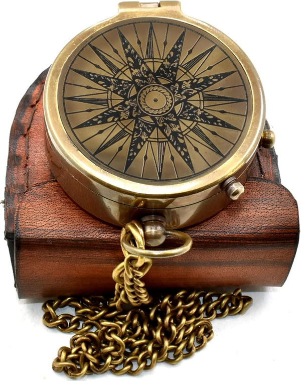 ALISTA ANTIQUE Classic Handmade Antique Functional Brass Compass with Chain and Leather Case Vintage