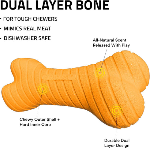 Playology Dog Toys Dual Layer Bone Chew Toy - Durable Rubber for Large Dogs - Cheddar Cheese Scented Orange Toy Bones