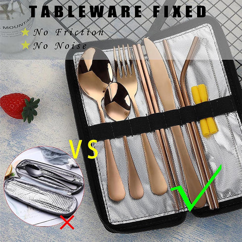 Portable Travel Utensils, 9 Pieces Reusable Silverware Set with Case, Stainless Steel Flatware for Camping Picnic (Rose